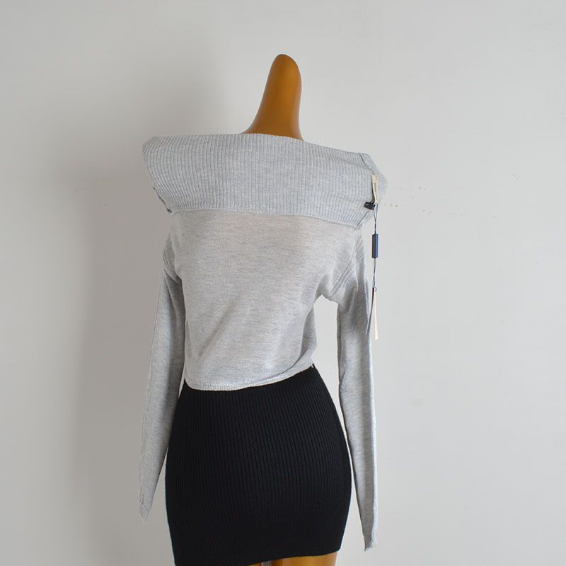 Solid off-Shoulder Collar Long Sleeve Knit Women Spring and Autumn New Slim Fit Slimming Short Navel T-shirt Top