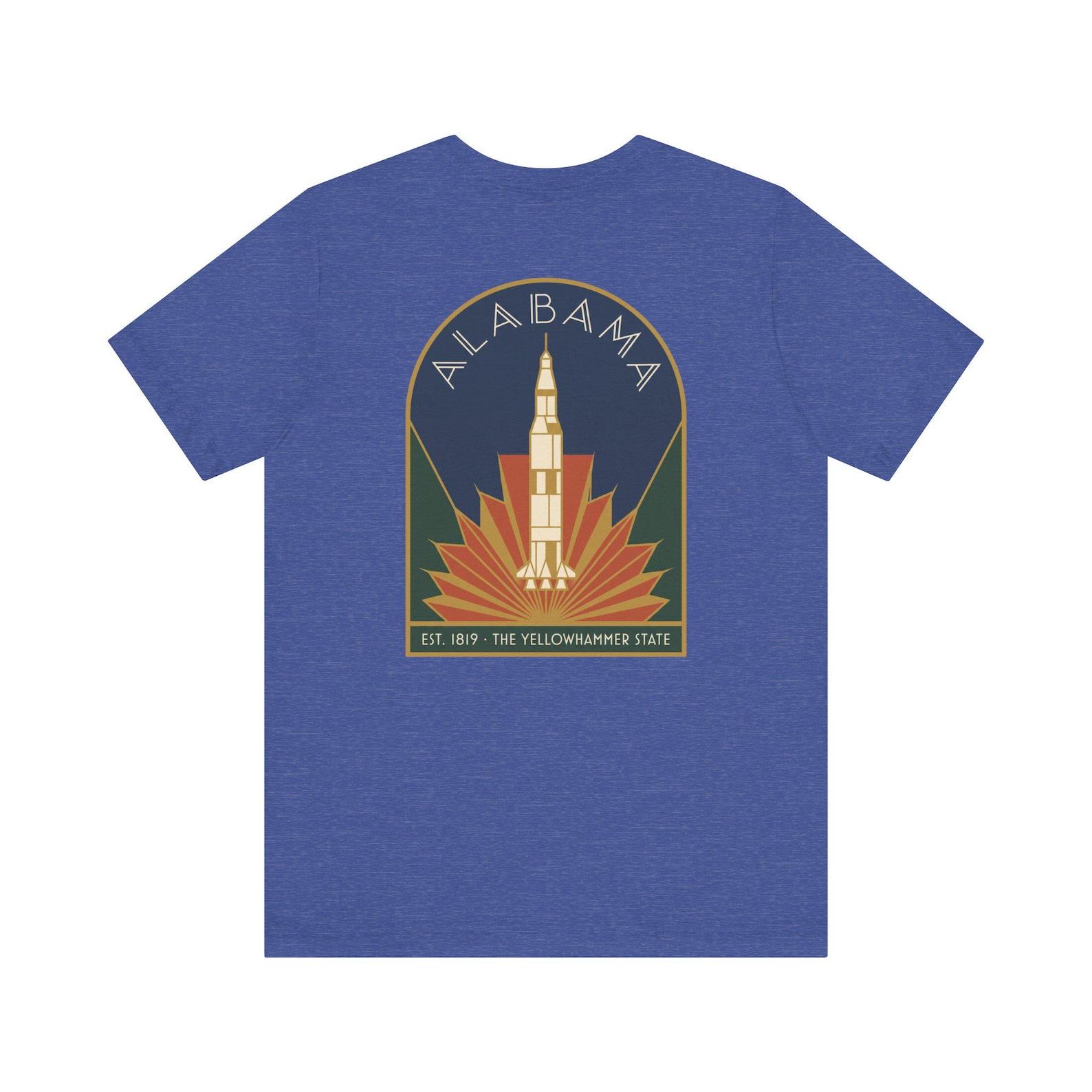Alabama Rocket Art Deco T-Shirt | Retro Space Travel Graphic Tee | Alabama State Pride Gift 3XL