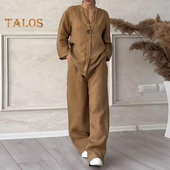 2 pièces/ensemble chemisier pantalon ensemble col en V manches longues bouton décor haut jambe large cordon de serrage taille élastique pantalon OL Commute décontracté tenue de maison