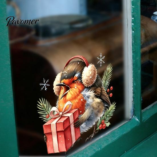 Waterproof PVC Glass Film Christmas Bird Static Window Clings, Decals with Santa Hat And Decorative Stickers for Home Gift Box, Removable Holiday Door