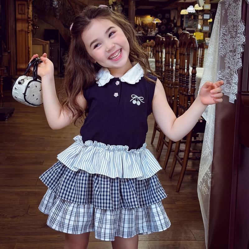 MIMIHELLO Girls Summer Plaid Polo Vest Dress 110 темно-синий