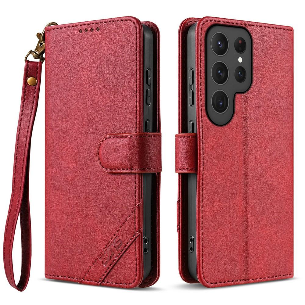 Wallet Case for Galaxy S25 Ultra - Leather/PU, Red, With Lanyard