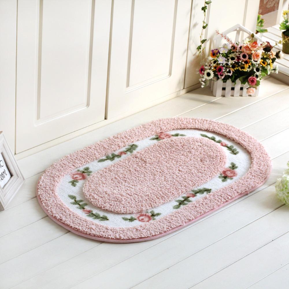 Practical Fluffy Rose Pattern Door Mat Nonslip Absorbent Bath Mat Thickened Pastoral Style Oval Floor Rug Porch