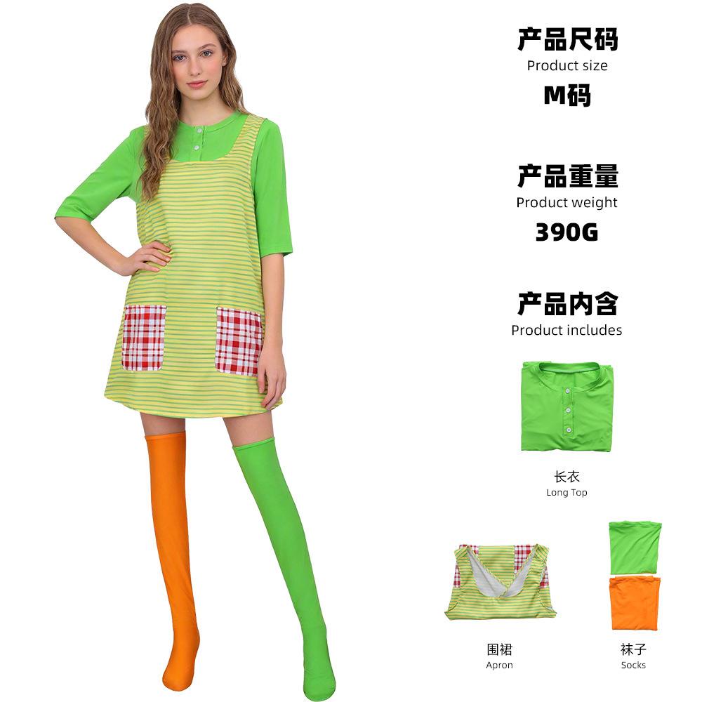 Long Socks Pippilongstocking Yellow And Green Striped Apron Set Halloween Performance Suit S(adult)