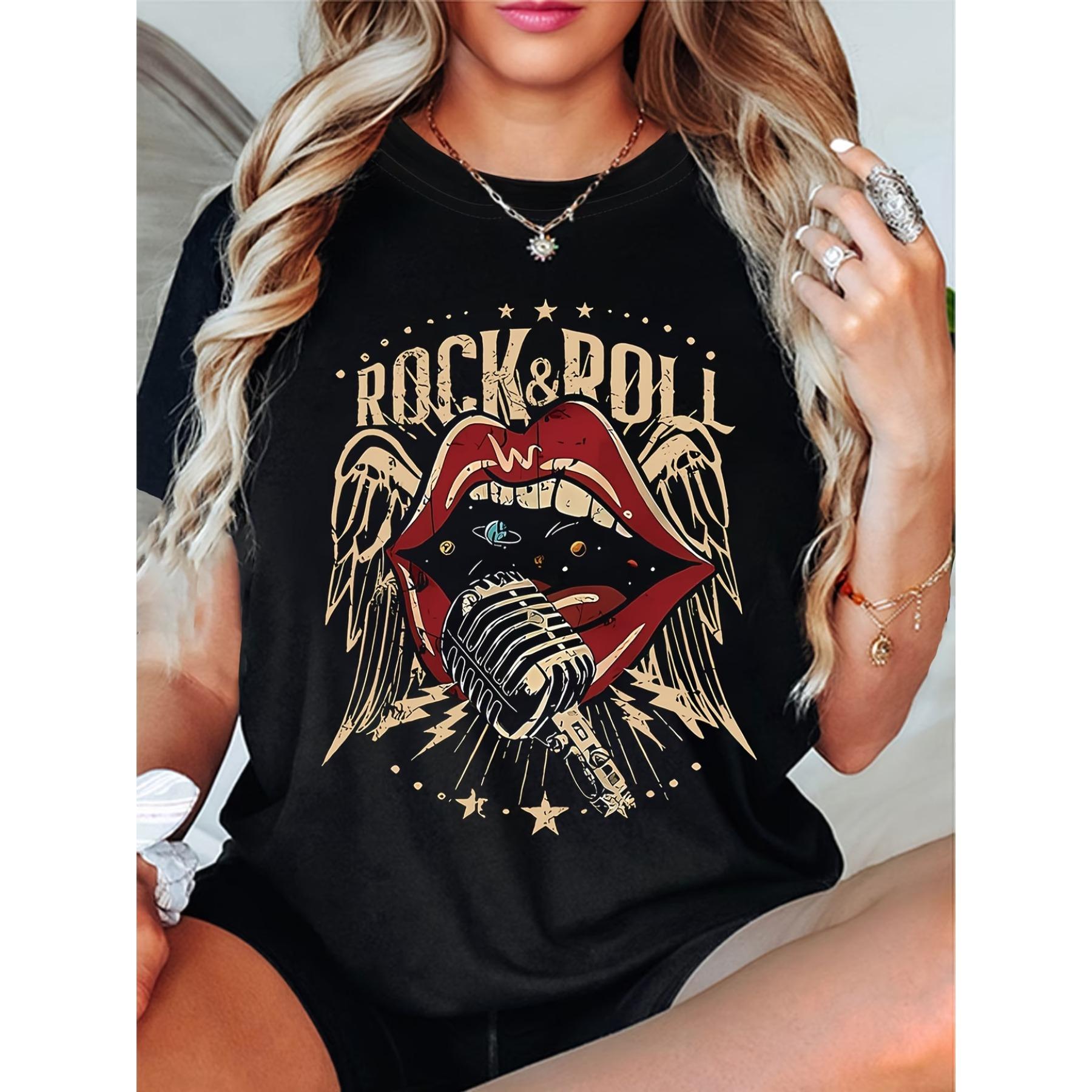 

Женская футболка ROCK & ROLL в стиле рок-музыки - Топ с коротким рукавом и круглым вырезом с принтом в стиле рок, Повседневная одежда для весны и лета S чёрный