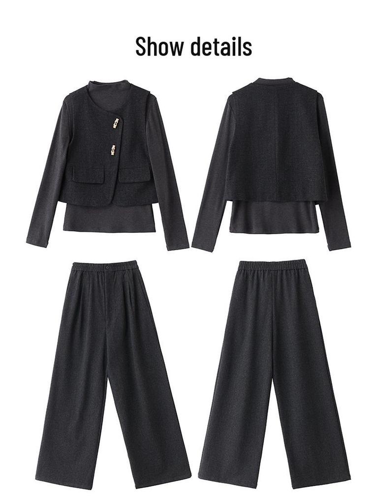 Spring 2025 Women's Fashion Suit: Three-Piece Temperament Vest with High Waist Wide-Leg Pants (ME5501)