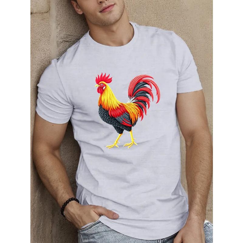 European sizes Men'S Vibrant Embroidered Rooster T-Shirt - Casual Crew Neck, Short Sleeve Summer Top with Geometric Pattern, Regular Fit