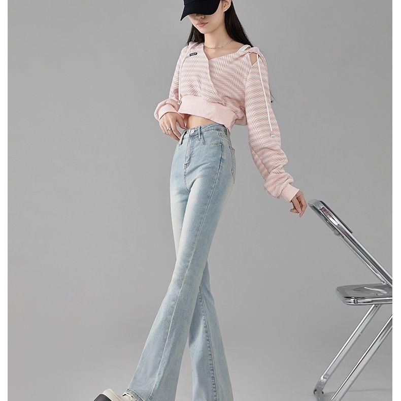 

Женские ретро джинсы клеш с высокой посадкой 2024: Американский уличный стиль, Длина до пола, Приталенный силуэт для весны и осени Large светло-синий