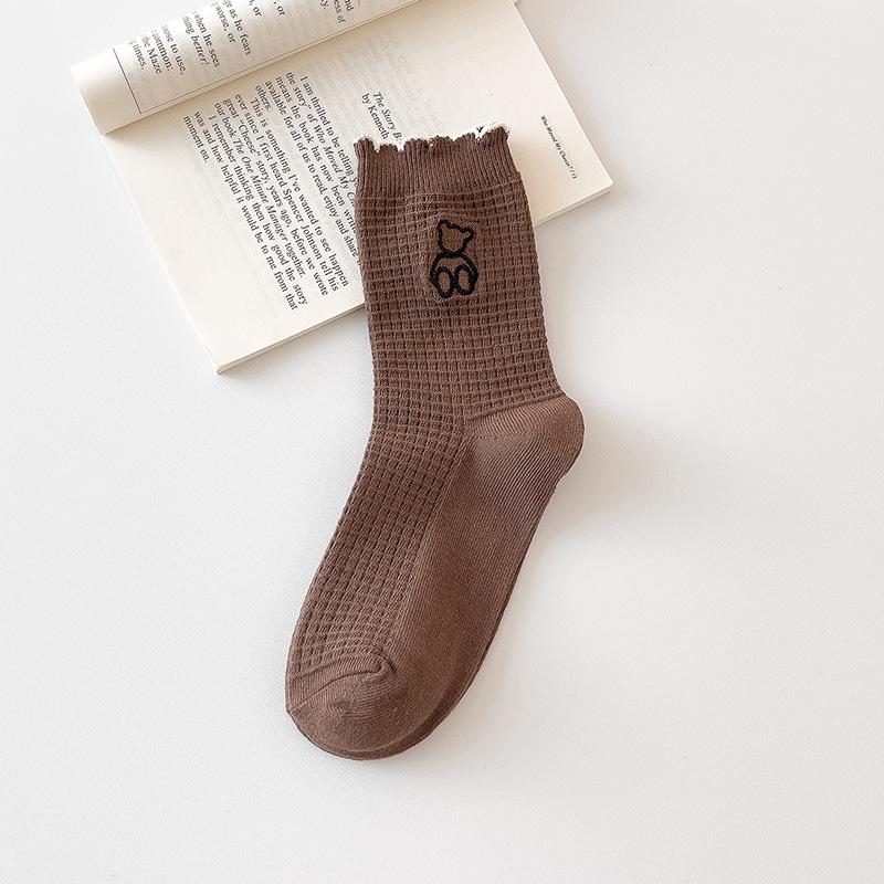 

Женские весенне-осенние новые хлопковые носки с вышивкой кружевом, с мультяшным животным пандой 1 pair кофейный