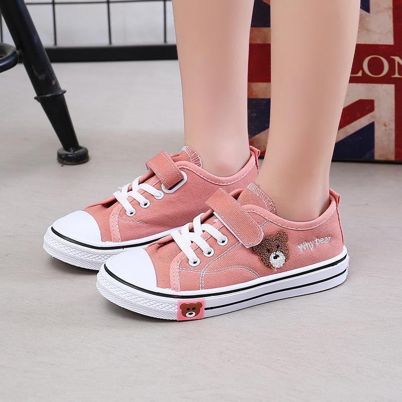 Children's Shoes2026Children's bear canvas shoes, fashionable student white shoes, boys' and girls' Velcro sneakers