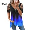 Top da Donna in Seta di Latte T-shirt Estiva Scollatura a V Maniche Corte con Traforo e Decorazioni di Strass Orlo Ampio Colore a Contrasto Degradé Taglia Grande