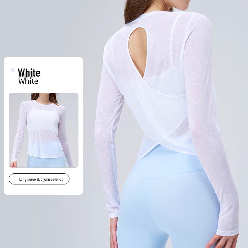 Bamboo Slub Loose Long Sleeve Yoga Top - Breathable, Hollow-Out Back, Slimming Cover-Up for Women