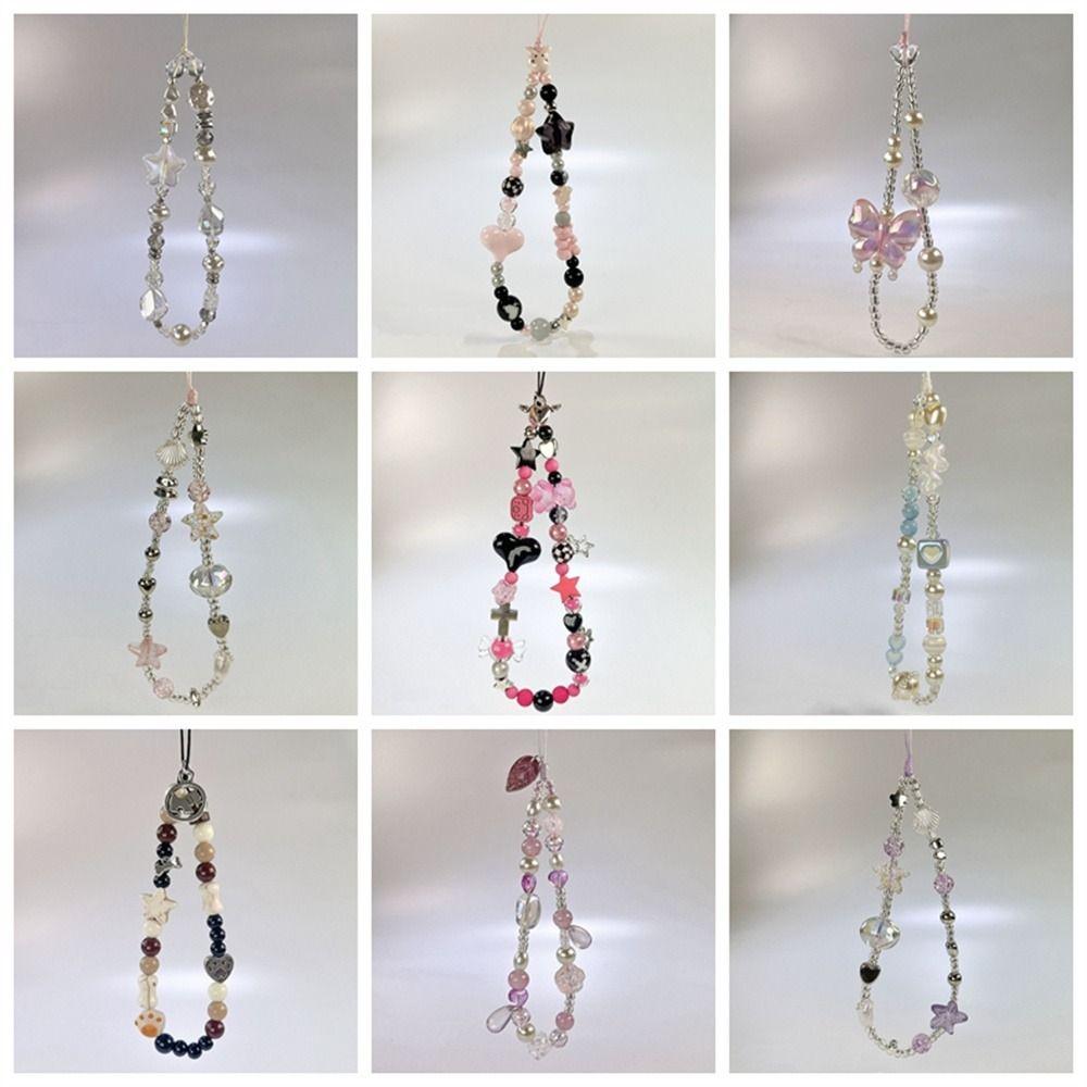 Y2K Silver Phone Lanyard Sweet Girl Beads Phone Chain Cell Phone Strap  Bracelet Keychain