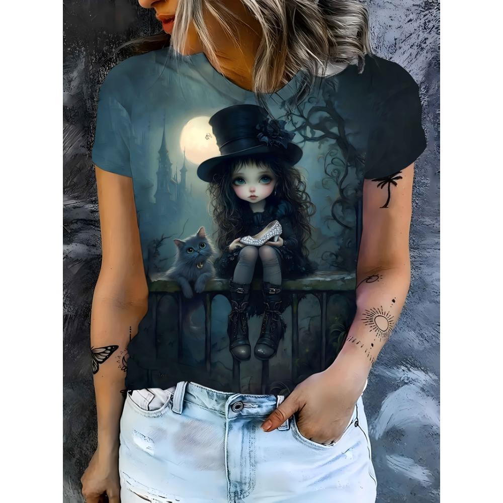 

Dark Teal Women s Tee - Gothic Doll & Cat Graphic, Enchanted Moonlit Print Design for Casual Daily Wear M
