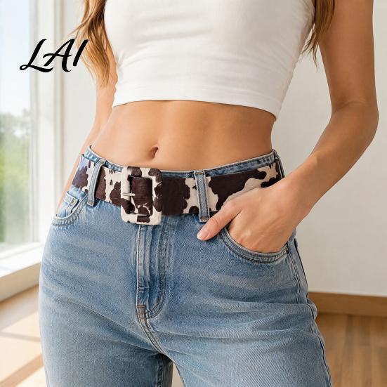 Music Festival Belt Women Cow Pattern Hair Leather Horse Belt Imitation Waist Fabric Covered Buckle Band for Jeans Dresses Slimming