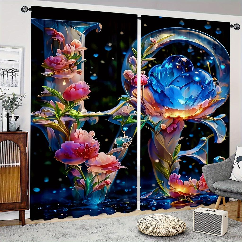 2pcs Elegant Lions And Romantic Rose Print Curtains For Home Decor For Bedroom Office Kitchen Living Room Study Decor Rod Pocket