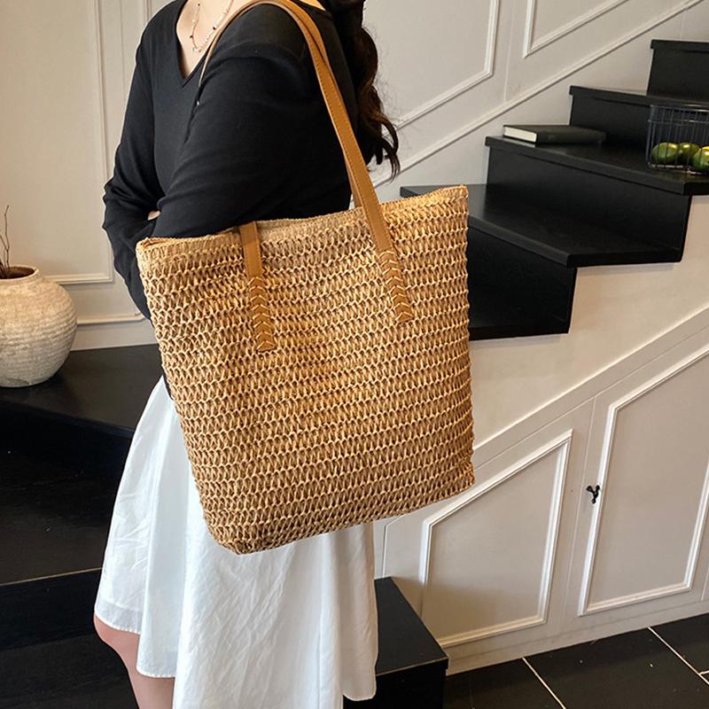 Women Top-Handle Bags Straw Summer Beach Straw Bucket Bag Woven Tote Purse Casual Travel Handbags for Women