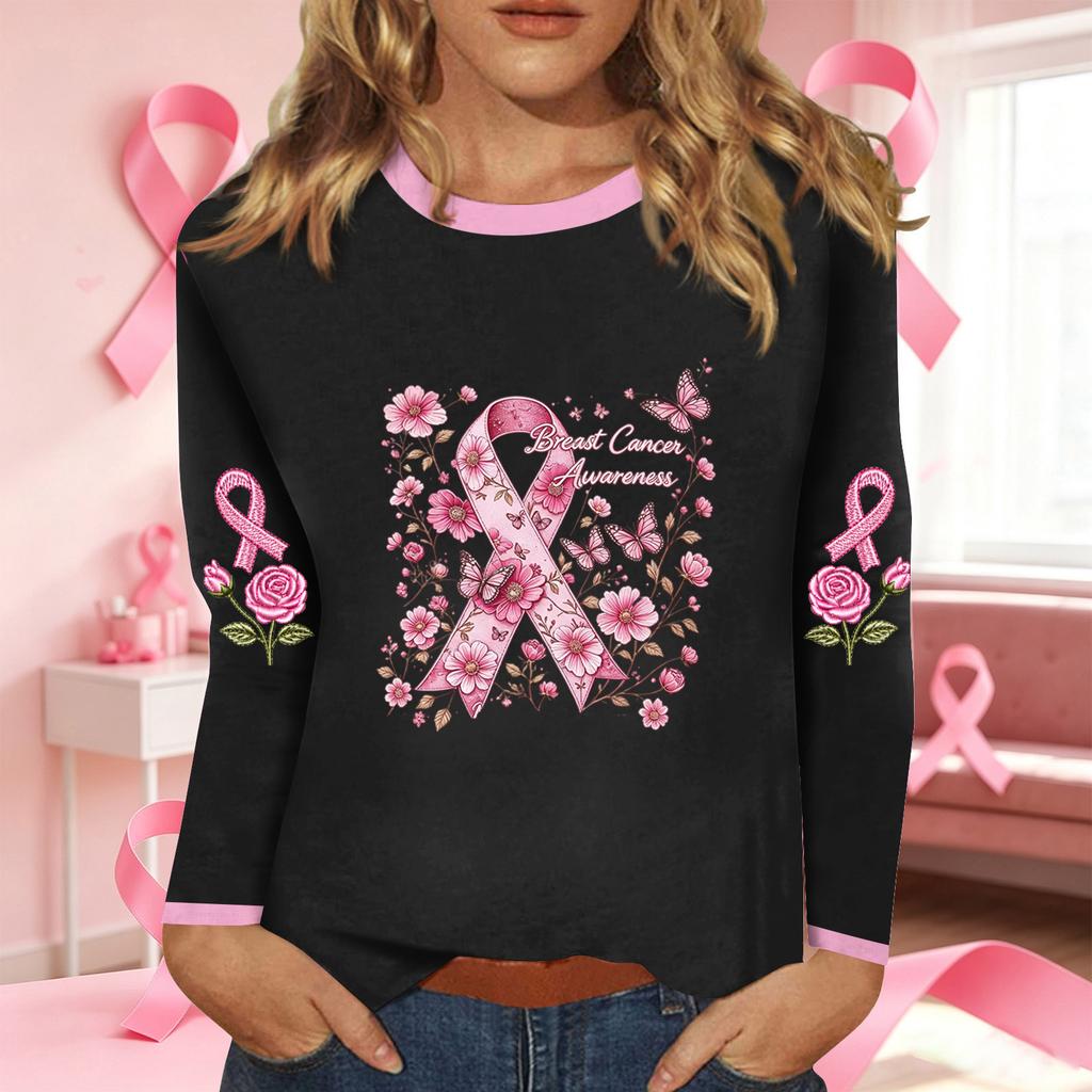 Women's Fashion Casual Long Sleeve Neck Top with Ribbon Print