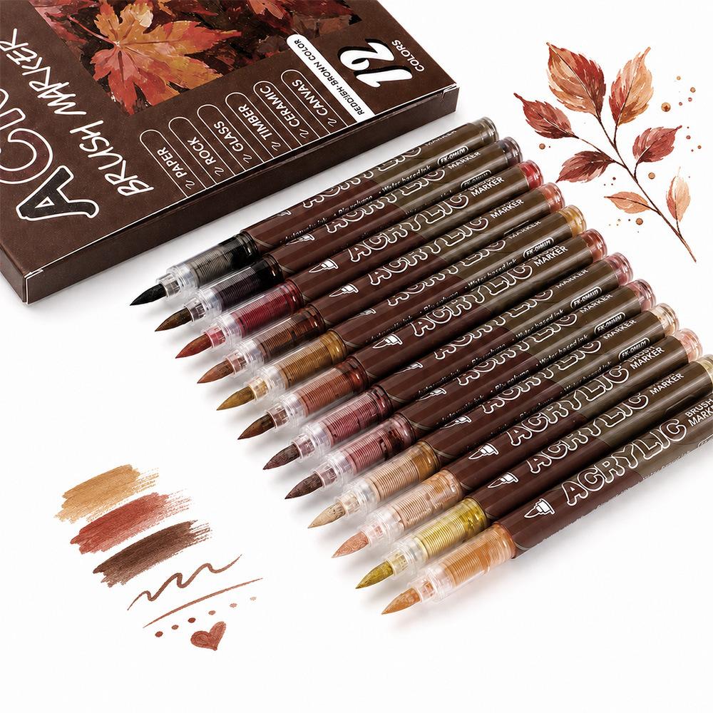 12 Kleuren Acryl Stiften Set Permanente Markers met Kwastpunt Acryl Schilderstift voor Glas Keramiek Canvas Hout Stof