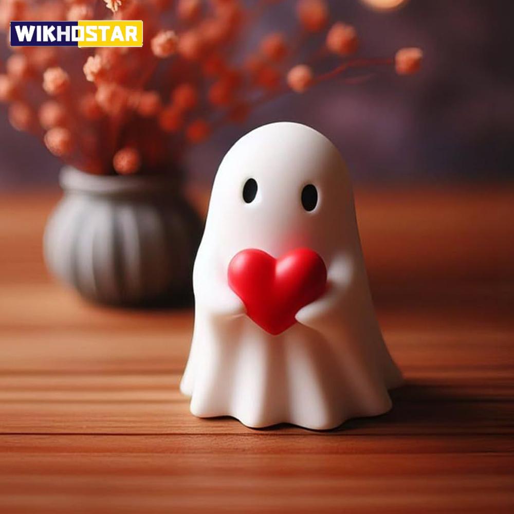 8.5cm White Cute Ghost Halloween Romantic Shelf Desk Decor Black Bat Resin Mini Statue Kawaii Heart Ghost Middle Finger  Decor