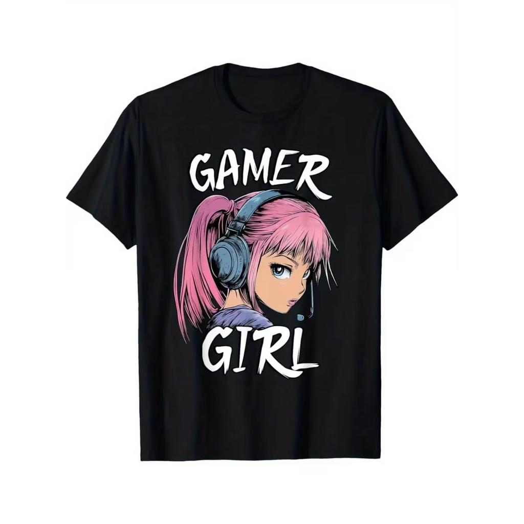 Women'S & Girls' Anime Gamer Graphic T-Shirt - Black with Pink Hair & Headphones Design, Japanese Manga Style Gaming Apparel,