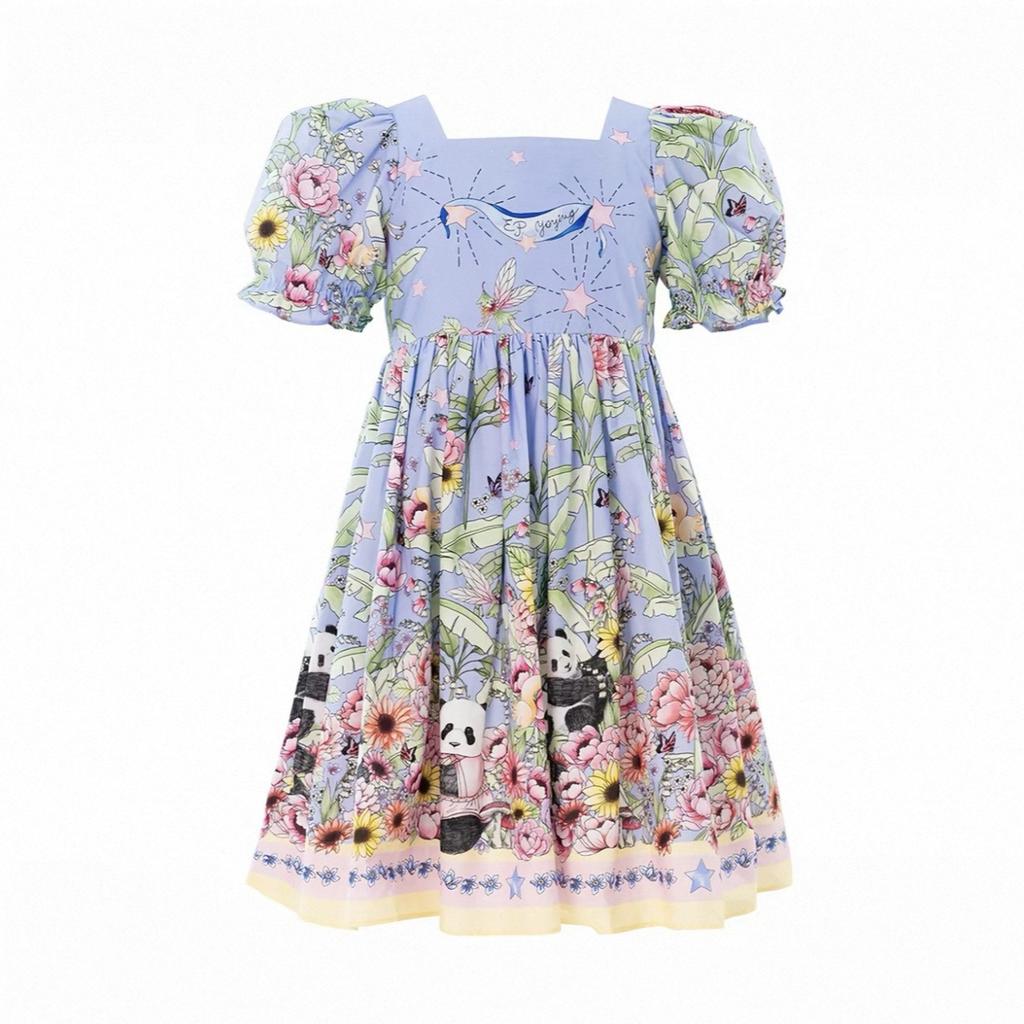 Girls Summer Lightweight Dress Cute Panda Print Puff Sleeve Sweet Princess Dress