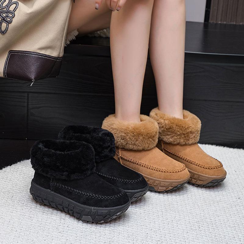 Tire sole leather inner height increase snow boots women's winter lightweight versatile real hair warm short cotton boots