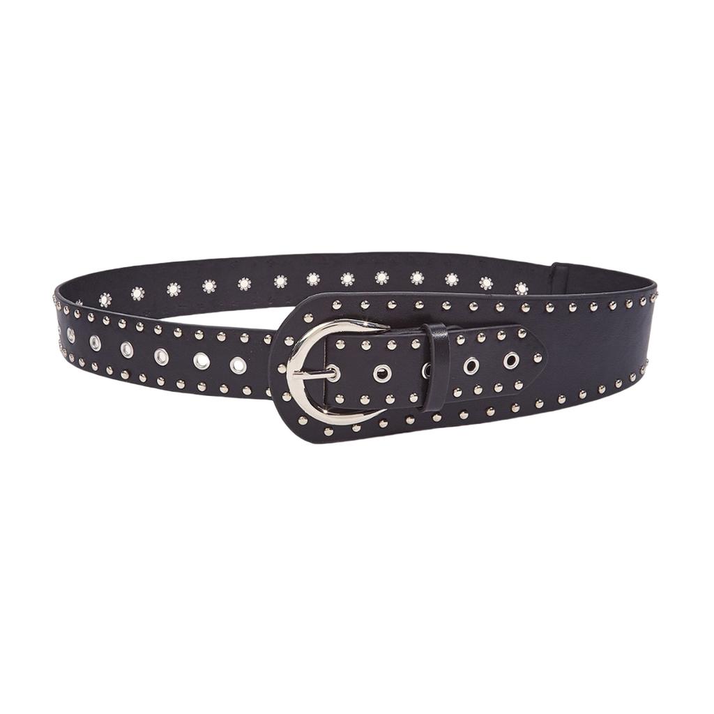 Punk Style Studded Waistband PU Leather Belt for Men and Women Fashionable Waist Ornament with Buckle Design