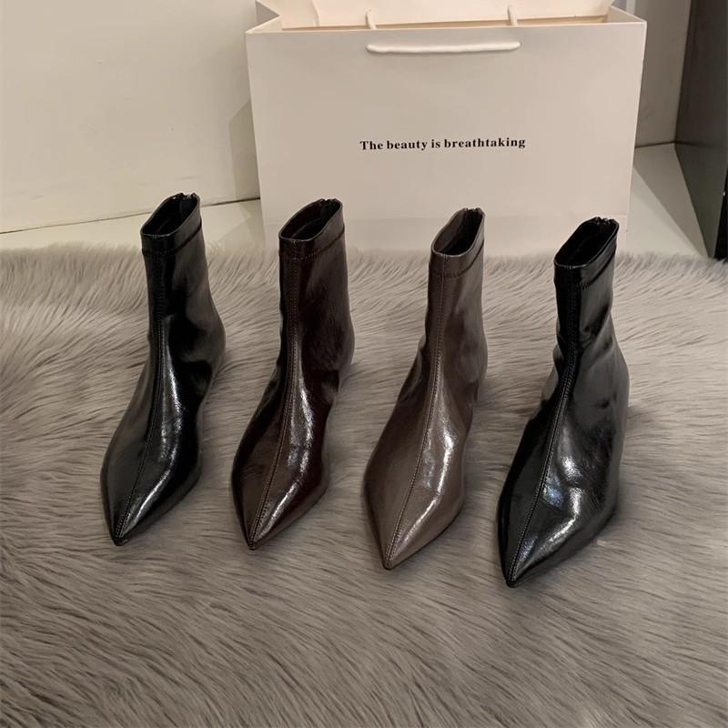 Black high-heeled short boots women's 2025 autumn and winter single boots and bare ankle boots soft leather small heel pointed French thin heel thin 