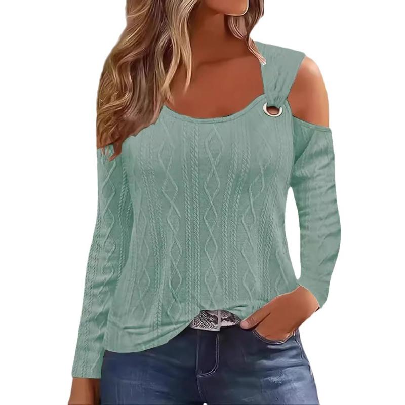 Tops women’s New Casual V-neck Metal Buckle Jacquard Long-sleeved T-shirt