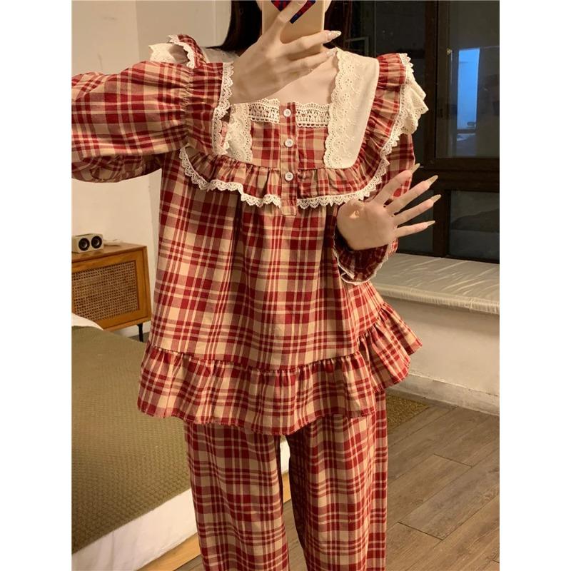 

Lace Home Soft Loose Plaid British Style Sweet Long Sleeve Pajama Set Women Girlish Princess Spring Elegant Casual Sleepwear One Size красный