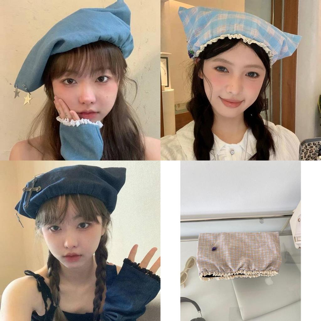 Y2k Gingham Cotton Cat Ear Beanie With Sun Protection For Summer And Autumn Wear