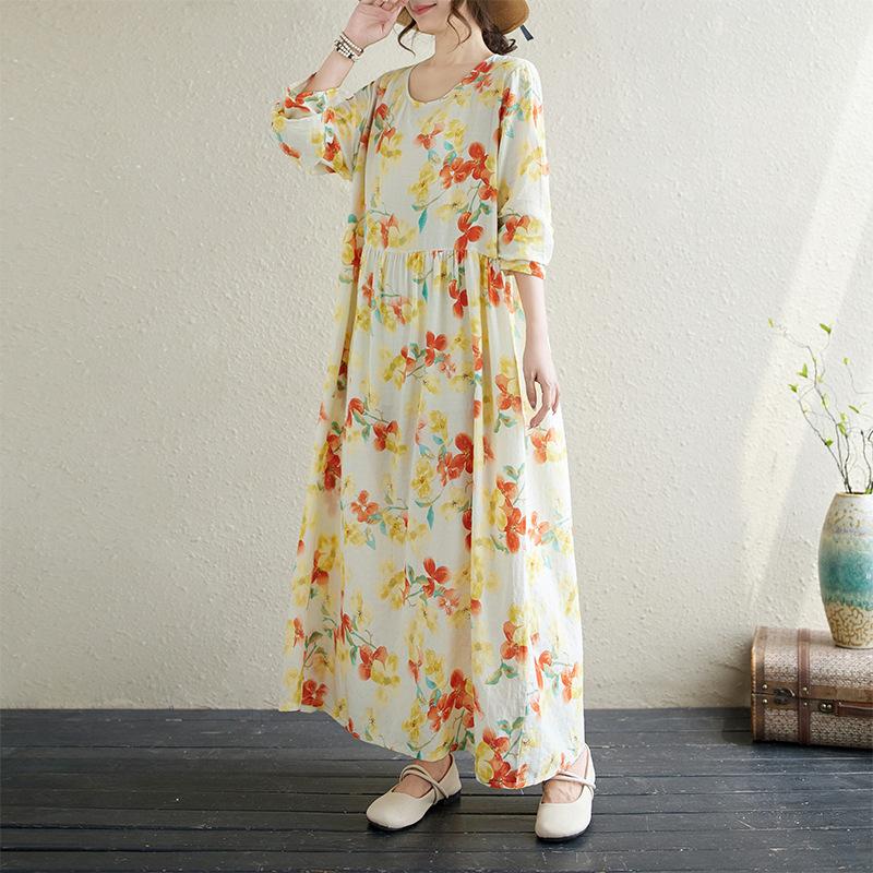 Autumn Art Retro Print Loose Slimming Plus Long Sleeved Mid Length Casual Dress for Women Dresses