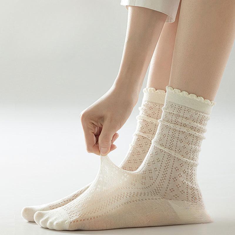 Summer Lace Black and White Pile Socks with Small Leather Shoes Ballet Style Socks for Women. Summer Thin Mid-calf Socks