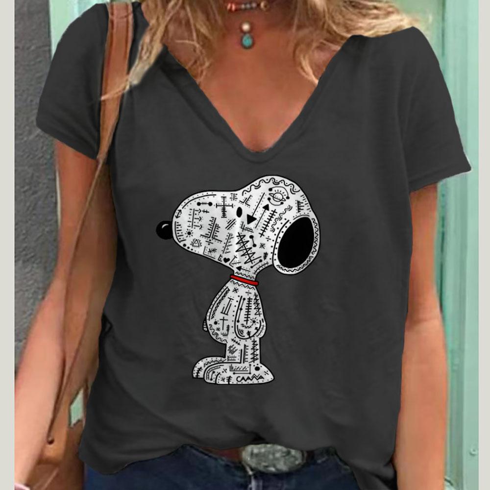 V-Neck Women's Sexy T-shirts Short Sleeve Breathable Simple Snoopy Cartoon Print Tops T-shirt Fun Patterns 15 Color Pullover Top