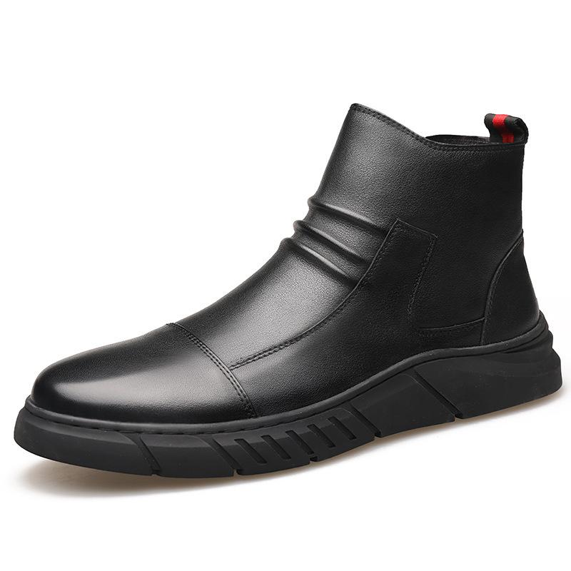 

Winter new men s leather shoes casual fashion high top round head foot boots velvet 44 чорний