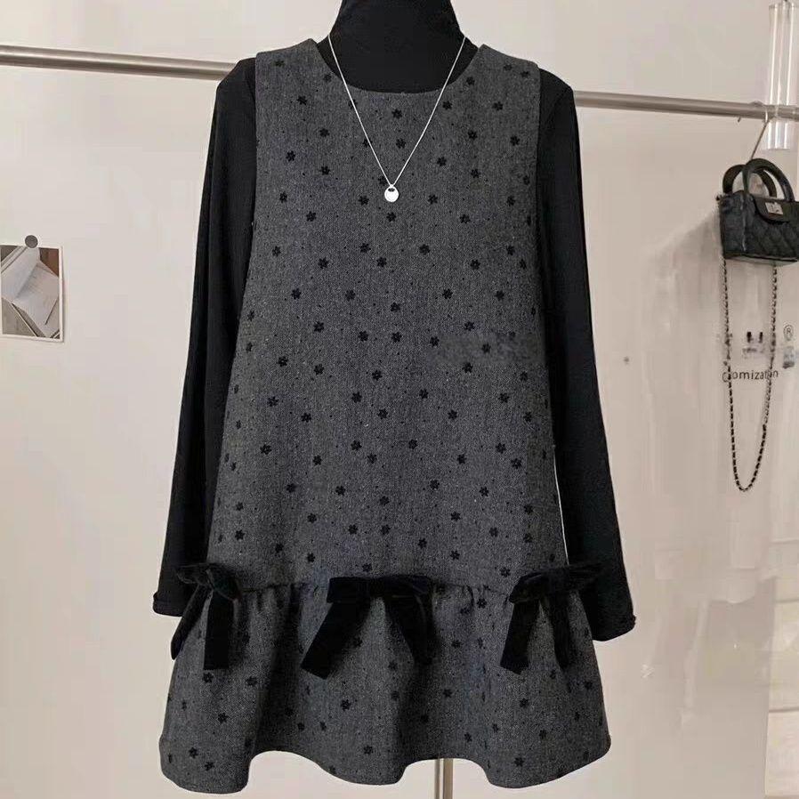 Gray Polka Dot Vest Dress - Women's Autumn/Winter Miu Style, Sleeveless with Bow and Layered Design