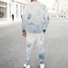 Men Plus Size Colorful Printed Two Piece Set Round Neck Long Sleeve Top Cuffed Pants