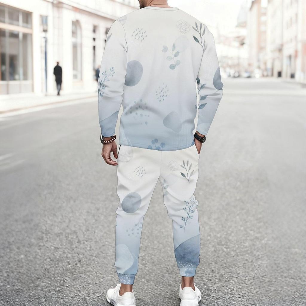 Men Plus Size Colorful Printed Two Piece Set Round Neck Long Sleeve Top Cuffed Pants