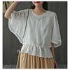 Flower Half Sleeve Shirt Women Elegant Fashion Chiffon Blouse Summer Cotton Edge Lace O Neck Loose Shirt