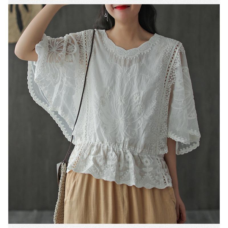 Flower Half Sleeve Shirt Women Elegant Fashion Chiffon Blouse Summer Cotton Edge Lace O Neck Loose Shirt