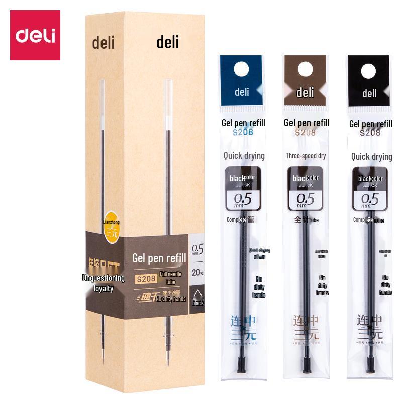 Deli S208 Triple Hit 0.5mm Quick-Drying Exam Pen Refills, Carbon Black Ink, 20-Pack.