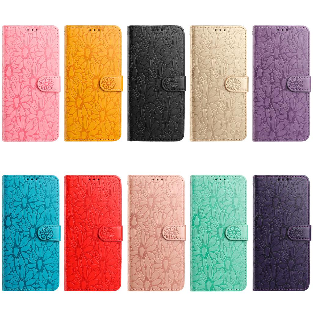 Applicable to iPhone17 leather case Samsung S26 small daisy embossed flip card mobile phone leather case Pixel 10A