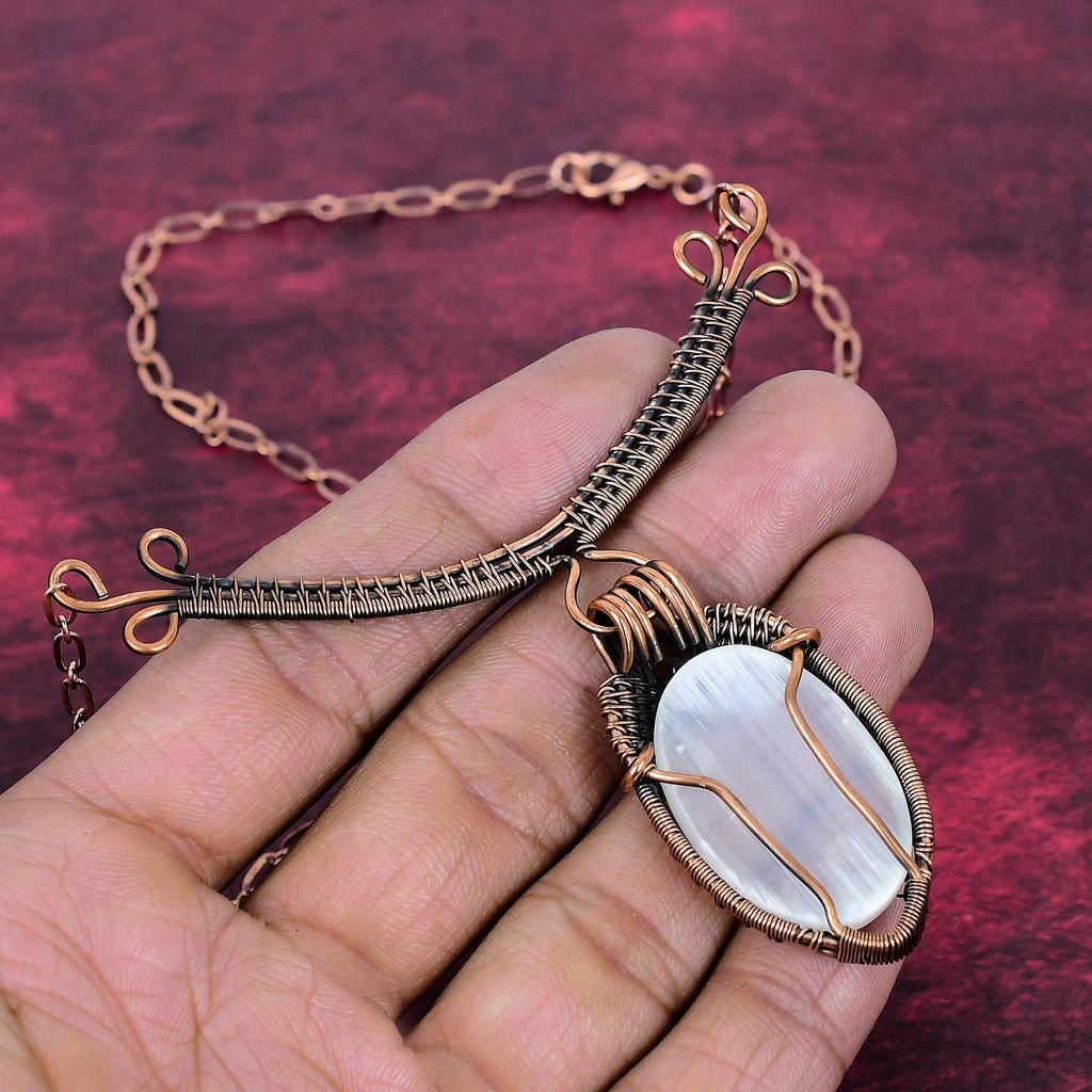Selenite Necklace Copper Wire Wrapped Adjustable Chain Necklace Gemstone Jewelry