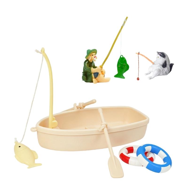 Aquarium Decoration Fishing Boats Ornament, Fishing Scene Fishtank Decors with Fisherman and Cats Detail for Fishtank Landscape Use