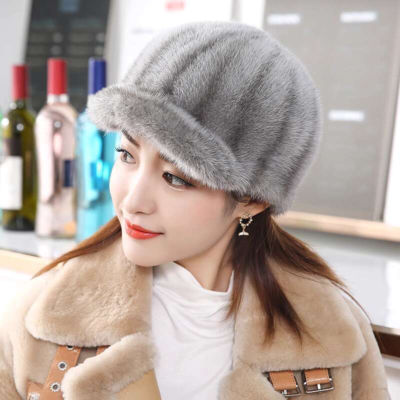 Real Mink Fur Hat Women'S Winter Fashion Baseball Hat Warm Mink Fur Knight Duck Tongue Hat Luxury Keep Warm Russian Lady Caps