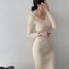 Dress Hong Kong Style Sexy V-neck Waist Hugging Slim fit Sheath Long sleeve Knitted dress Sexy Knit Dress