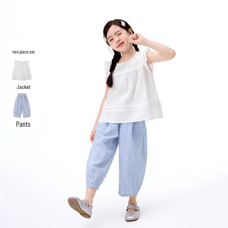 Girls  Pure Cotton Sleeveless Top & Plaid Pants Set 140