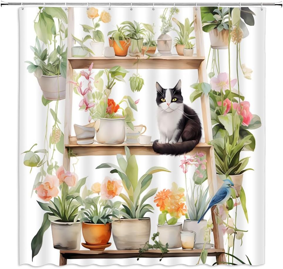 

Potted Cactus With Cat Shower Curtain Cute Kitty Green Leaves Plants Botanical Succulents Boho Floral Aesthetic Garden Nature W60H190(CM)-1 Pcs