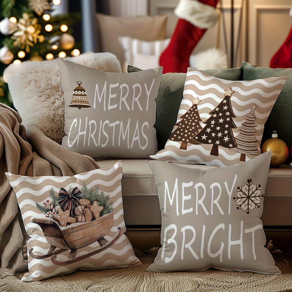 1pc/4pcs Festive Merry Christmas & Merry Bright Pillow Covers with Unique Designs Sofa Room Decoration Holiday Home Decoration